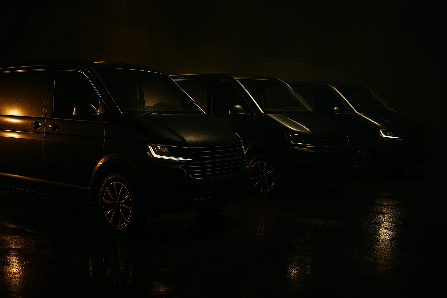 Three black vans parked in a row in a dark garage