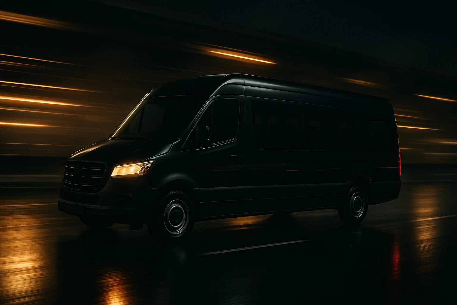 Black passenger van moving at night with light streaks